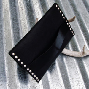 Black Leather Clutch with Hand Strap and Nickel Rivets and Nickel Swivel Clasp by Bret Cali Handmade Leather Purse