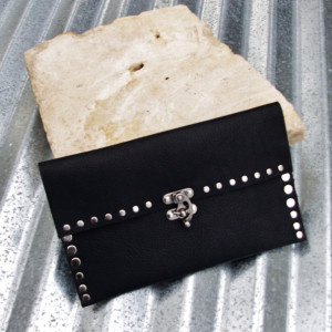 Black Leather Clutch with Hand Strap and Nickel Rivets and Nickel Swivel Clasp by Bret Cali Handmade Leather Purse