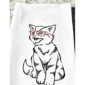 Kitty Love with glasses - Kitty Valentines - Black Work Embroidered Cotton Dish Towel with or without words - Genuine Flour Sack Towels