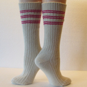Winter Warm Angora Wool Socks in Cream with Hot Pink Stripes, Free Shipping