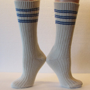 Winter Warm Angora Wool Socks in Cream with Blue Stripes, Free Shipping