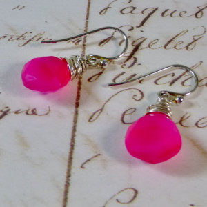 Hot pink,fuchsia chalcedony drop earrings,silver,minimalist earrings,dainty earrings,neon pink,valentines day earrings,petite earrings