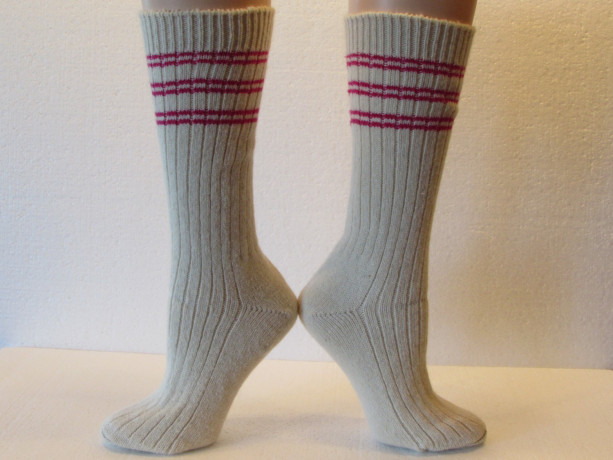 Winter Warm Angora Wool Socks in Cream with Hot Pink Stripes, Free Shipping