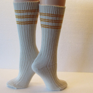 Winter Warm Angora Wool Socks in Cream with Golden Yellow Stripes, Free Shipping