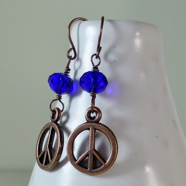 Cobalt blue czech glass drop with peace sign dangle earrings, cute and dainty earrings, boho, cheap and sweet earrings, dainty, feminine