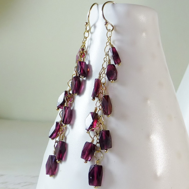 Long linear Garnet gemstone gold earrings,boho, faceted dark red gems,long garnet and gold chain dangle earrings, boho, gypsy, long earrings