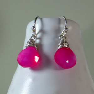 Hot pink,fuchsia chalcedony drop earrings,silver,minimalist earrings,dainty earrings,neon pink,valentines day earrings,petite earrings