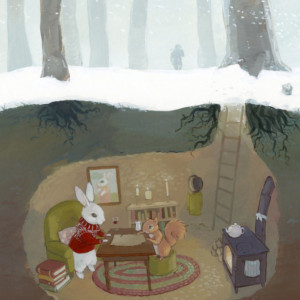 Under The Oak Tree - 11x14 Rabbit and Squirrel Burrow Illustration Print