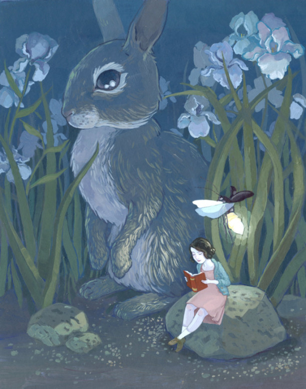 Rabbit and Girl Reading Print - The Iris Opens At Night - 11x14