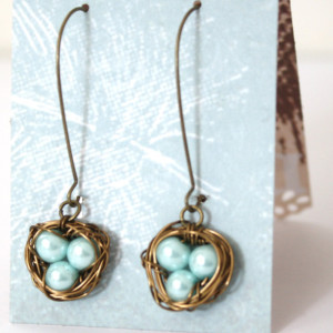 Baby Blue Bird Nest in Bronze Wire Wrapped Earrings Mother, New Mom, Nature Inspired Wedding, Bridesmaid jewelry