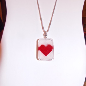 Cross Stitch heart, reversible custom, resin pendant