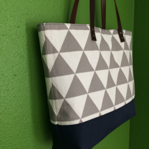 Large Tote Bag /// Gray and White Triangles with Navy Canvas Bottom and Brown Buffalo Leather Straps