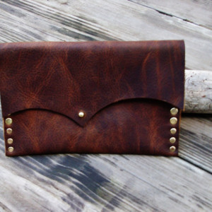 Rustic Leather Clutch with Hand Strap Brass Rivets and Brass Post Closure by Bret Cali Handmade Leather Purse