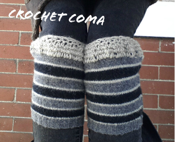 Boot Cuffs, Boot Toppers, Boot Socks, Crochet Bootcuffs,  Upcycled Wool,  Boot Socks, Striped Legwarmers, Gray & Black