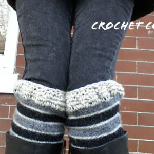 Boot Cuffs, Boot Toppers, Boot Socks, Crochet Bootcuffs,  Upcycled Wool,  Boot Socks, Striped Legwarmers, Gray & Black