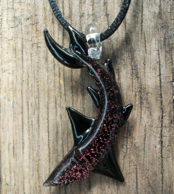 Red Dichroic Hand Blown Glass Shark Pendant, Focal Bead, Lampwork