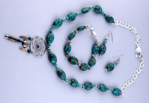 Dreamcatcher Jewelry Set - Turquoise Necklace Set - Turquoise Earring Set - Turquoise Bracelet Set - Turquoise Dreamcatcher Necklace - Faux