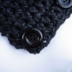 NECK WARMER SCARF Buttoned Cowl Black Dark Gray Grey Charcoal Wool Blend, Solid Black Buttons, Thick Handmade Crochet Knit..Ready to Ship in 3 Days
