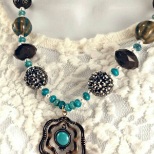 Turquoise flower pendant necklace-boho bohemian earthy