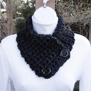 NECK WARMER SCARF Buttoned Cowl Black Dark Gray Grey Charcoal Wool Blend, Solid Black Buttons, Thick Handmade Crochet Knit..Ready to Ship in 3 Days