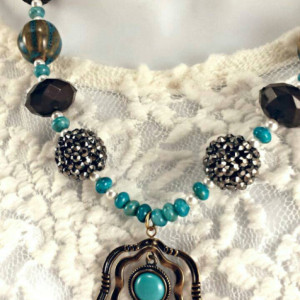 Turquoise flower pendant necklace-boho bohemian earthy