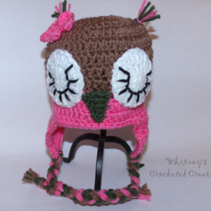 crochet owl hat, animal hat, sleeping owl, handmade, photo prop, beanie, earflap, hat, baby shower gift, new baby, gift, flower