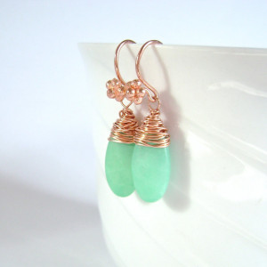 Green Hemimorphite Earrings, Copper, Wire Wrapped, Drop Earrings, Spring Green, Boho Jewelry, Gemstone Earrings, Electric, 897