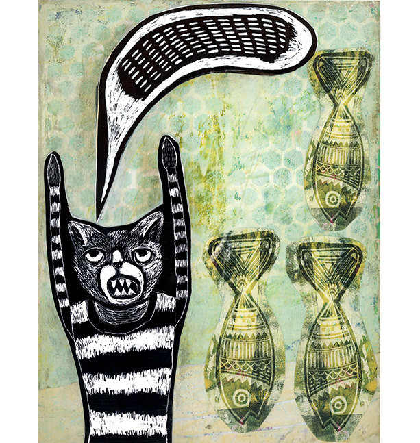 Poisson Chanson- Cat and Fish Mixed Media Illustration Print