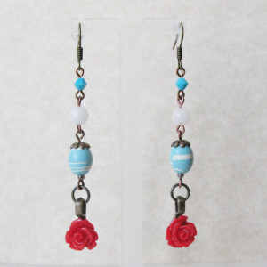 Red Rose Dangle Earrings Aquamarine Blue Boho Beaded Jewelry For Women Flower Earrings