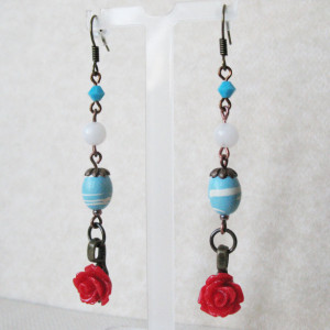 Red Rose Dangle Earrings Aquamarine Blue Boho Beaded Jewelry For Women Flower Earrings