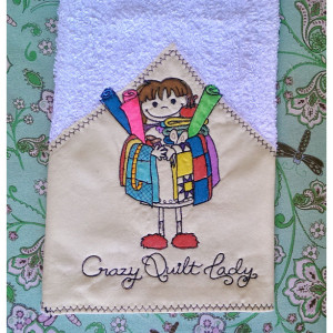 Crazy Quilt Lady Bar Towel - Hand Painted with fabric paints - Cotton Bar Towel - 15.5" x 19.5" White towel