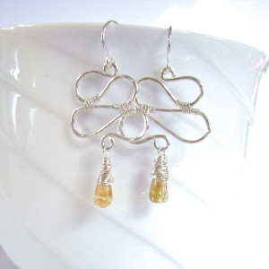 Citrine Earrings, Sterling Silver, Wire Wrapped, Zig Zag, Swirl Wire, Hammered Silver, Handmade, Golden Citrine, Gemstone Jewelry, 904