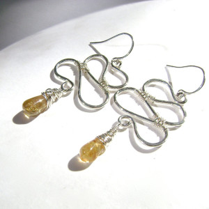 Citrine Earrings, Sterling Silver, Wire Wrapped, Zig Zag, Swirl Wire, Hammered Silver, Handmade, Golden Citrine, Gemstone Jewelry, 904