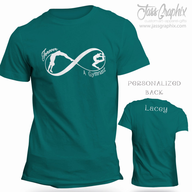 Gymnastic tee shirt. Personalized infinity shirt for the tumbler and dancer. Features front and back custom lettering for any gymnastic fan.