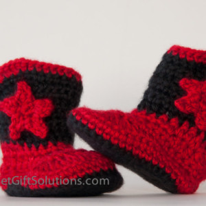 Red and Black Newborn 0-3 month Cowboy Baby Booties with Stars, Western Baby Booties, Star Baby Booties