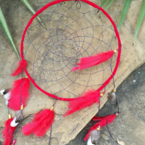 Red dream catcher, Navy blue web, red feathers and bead finish, hand made, large 10 inch
