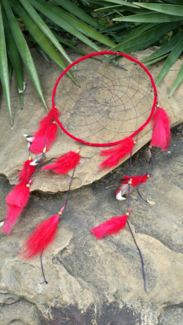 Red dream catcher, Navy blue web, red feathers and bead finish, hand made, large 10 inch