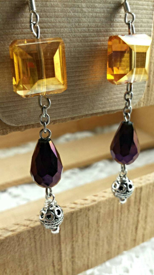 Yellow Gold crystal earrings, beaded dangles, purple crystal earrings