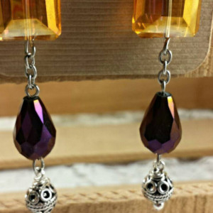 Yellow Gold crystal earrings, beaded dangles, purple crystal earrings