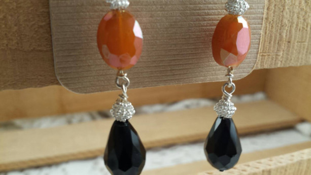 Coral and black faceted crystal earrings