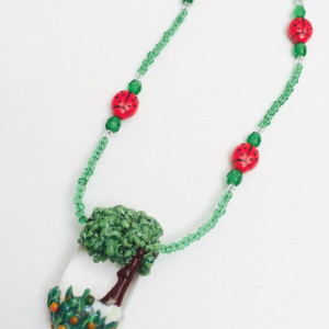 Spring lampwork tree pendant necklace, landscape jewelry, tree scene pendant, ladybug necklace, handmade gift, nature pendant