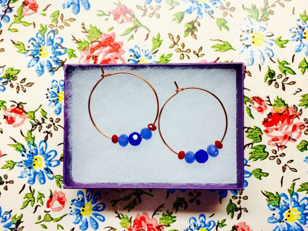 Sterling silver or 14 karat gold filled hoops with tiny Czech glass beads Swarovski crystals in red blue, trendy, shabby chic, girly pretty