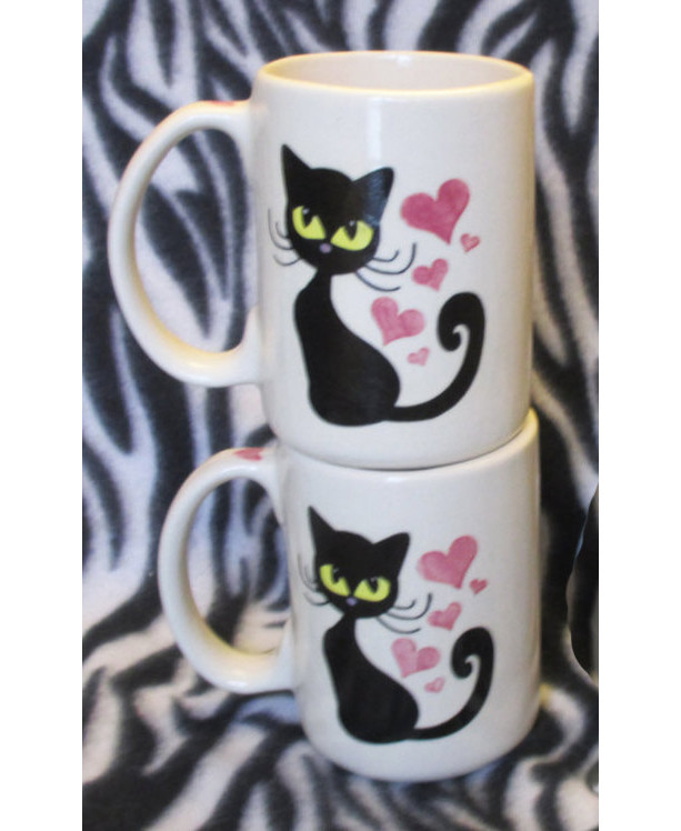 set of 2 12 ounce tattoo coffee cups mugs Black Cat Kitty ceramic pottery OHIO USA handmade hand made
