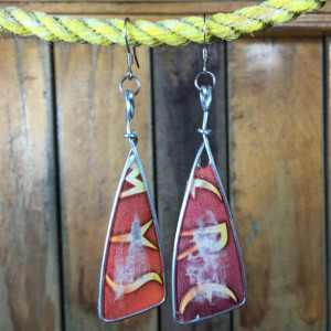 Red Surfer Earrings, Seaside Earrings, Beach Jewelry, Long Dangle Earrings, Fishhook Earrings, Stainless Steel Drop Earrings, Tribal Design