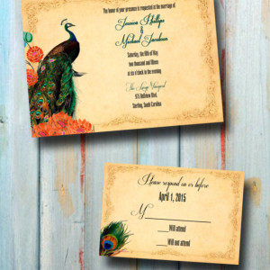 Custom Peacock Wedding Invitations with Rsvp - ANY COLOR - Peacock Invitations