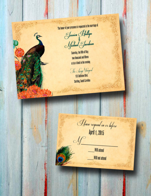 25 RSVP CARDS CUSTOMIZED AND PERSONALIZED 4 U 25 PEACOCK WEDDING INVITATIONS 