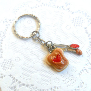 Peanut Butter and Strawberry Jelly Heart Keychain, With Knife & Spoon, Cute :D FREE SHIP!