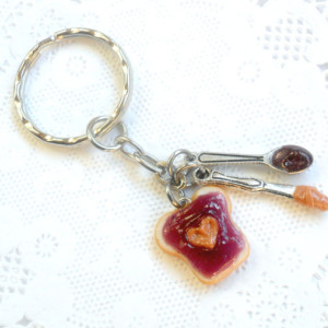 Peanut Butter Heart and Grape Jelly Keychain, With Knife & Spoon, Cute :D FREE SHIP!