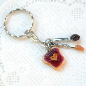 Peanut Butter Heart and Grape Jelly Keychain, With Knife & Spoon, Cute :D FREE SHIP!