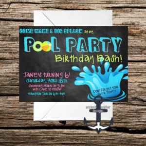 Printed Chalkboard Pool Birthday Party Invites -  100% Personalized - Birthday Party Invitation with Envelopes!